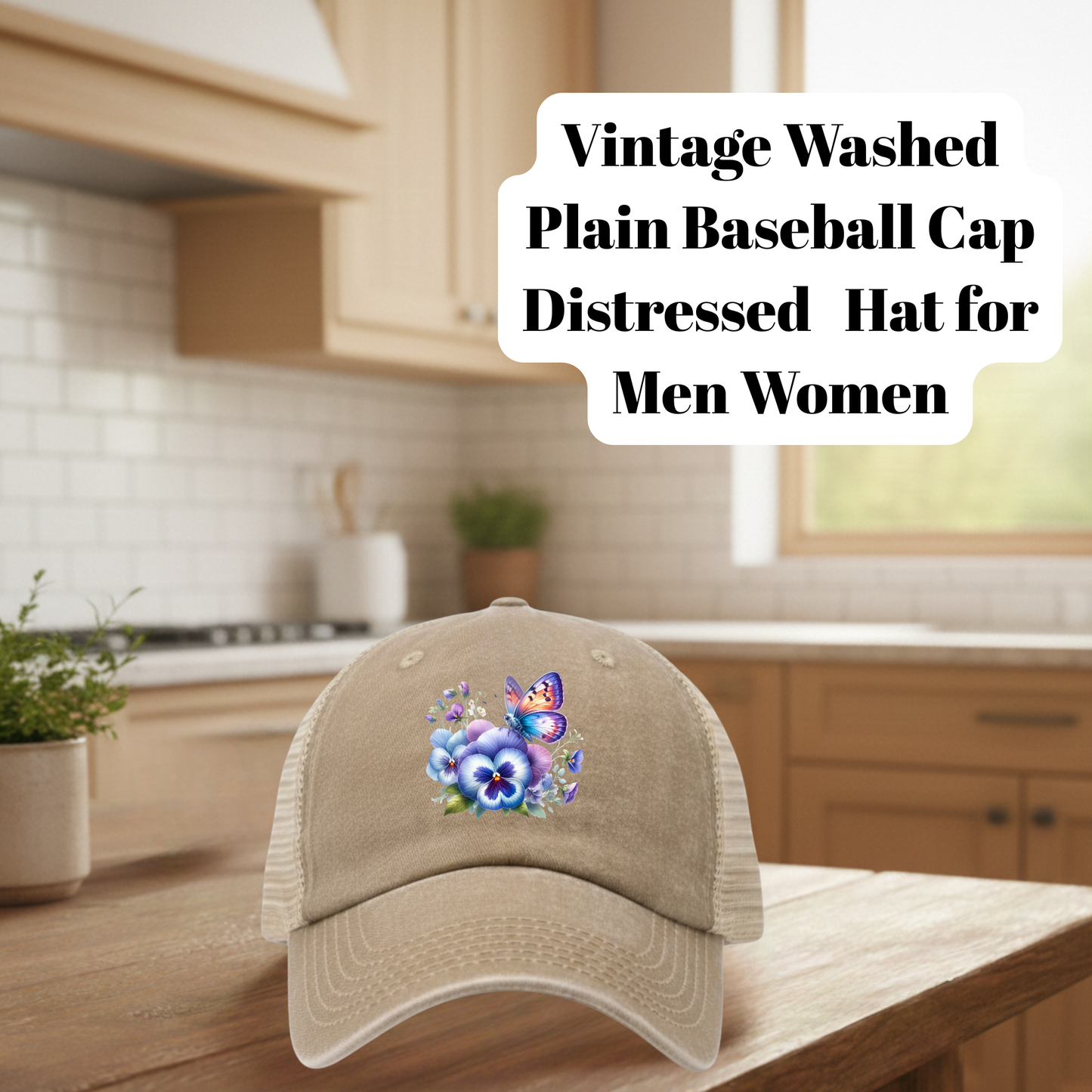 Tan Vintage Washed Distressed Butterfly Floral Baseball Cap – Mesh Trucker Hat for Men & Women (80% Polyester, 20% Cotton, DTF Patch)