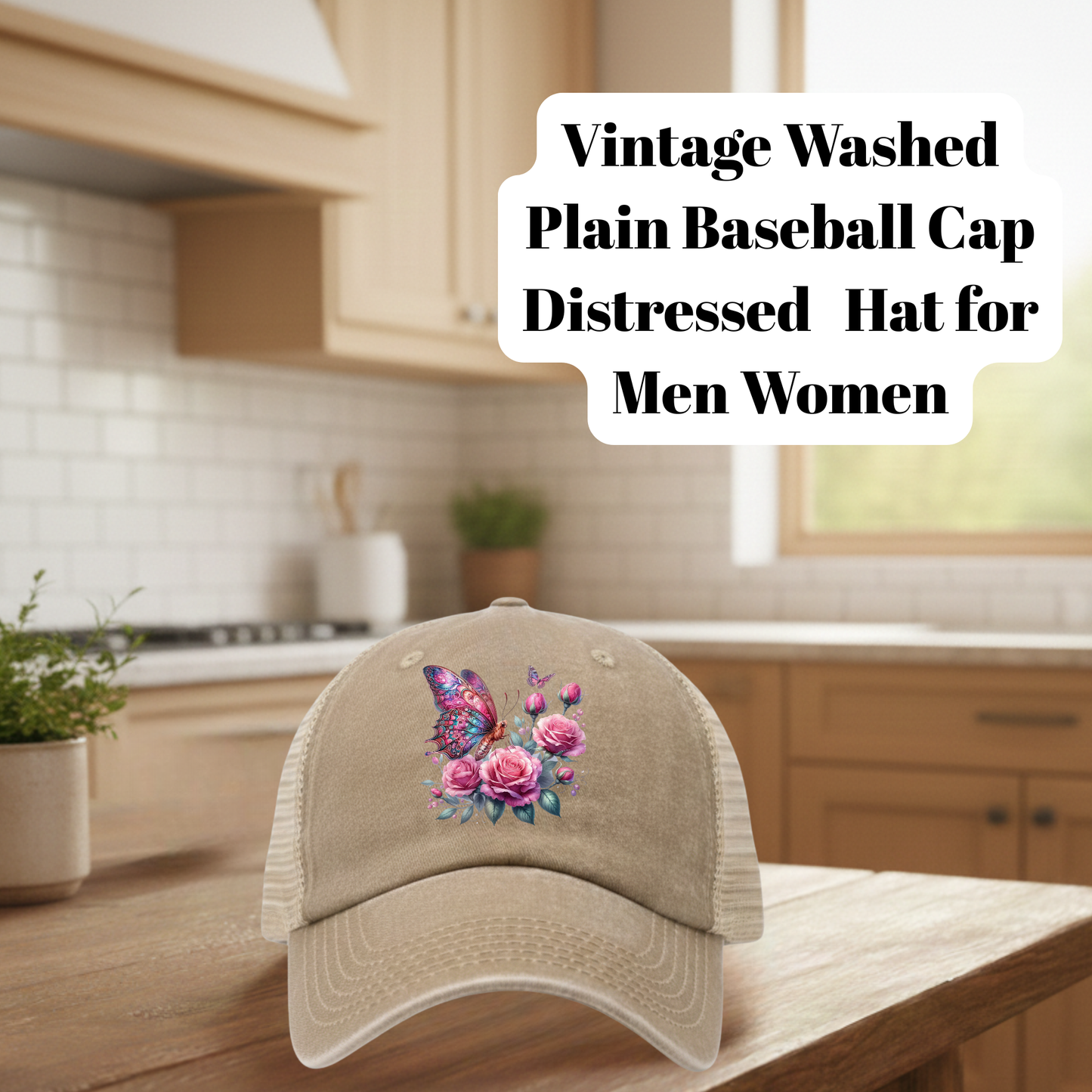 Tan Vintage Washed Distressed Butterfly Floral Baseball Cap – Mesh Trucker Hat for Men & Women (80% Polyester, 20% Cotton, DTF Patch)