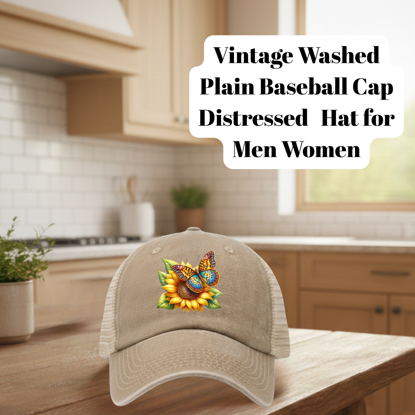 Tan Vintage Washed Distressed Butterfly Floral Baseball Cap – Mesh Trucker Hat for Men & Women (80% Polyester, 20% Cotton, DTF Patch)