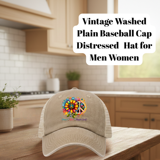 Vintage Washed Distressed Baseball Cap Collection – Khaki Beige | Unisex 80% Polyester 20% Cotton Adjustable Mesh Back Hats with DTF Patch Designs – Stay Groovy, Love, and Peace Sunflower