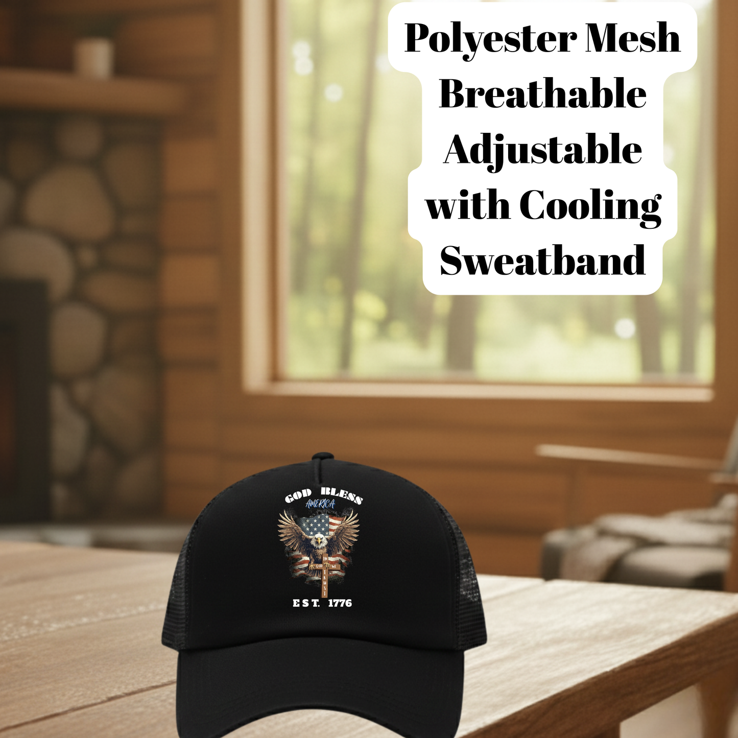 God Bless America Trucker Hat – Patriotic Bald Eagle & Cross Design with Adjustable Mesh Back