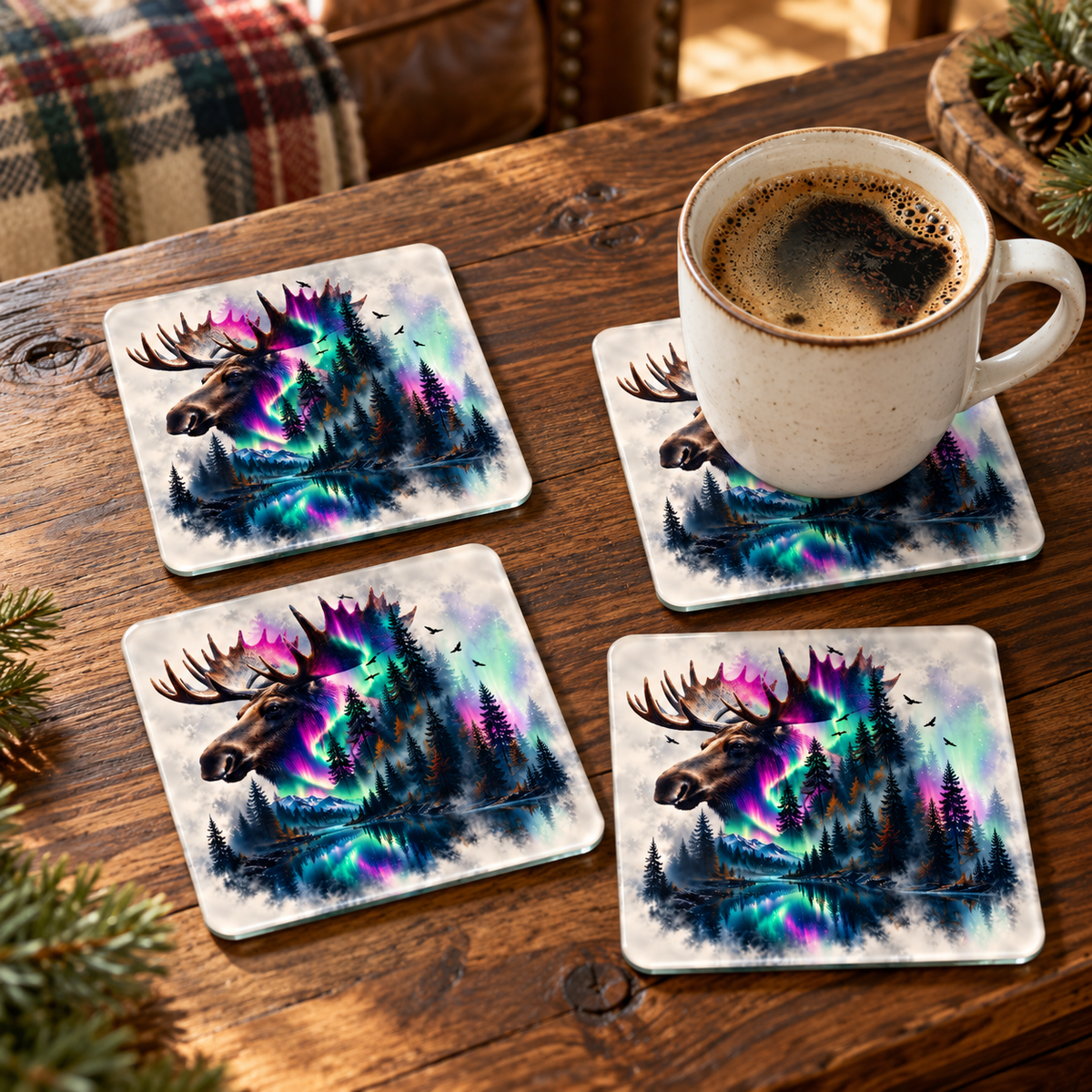 Northern Majesty Moose Square Glass Coasters – Set of 4