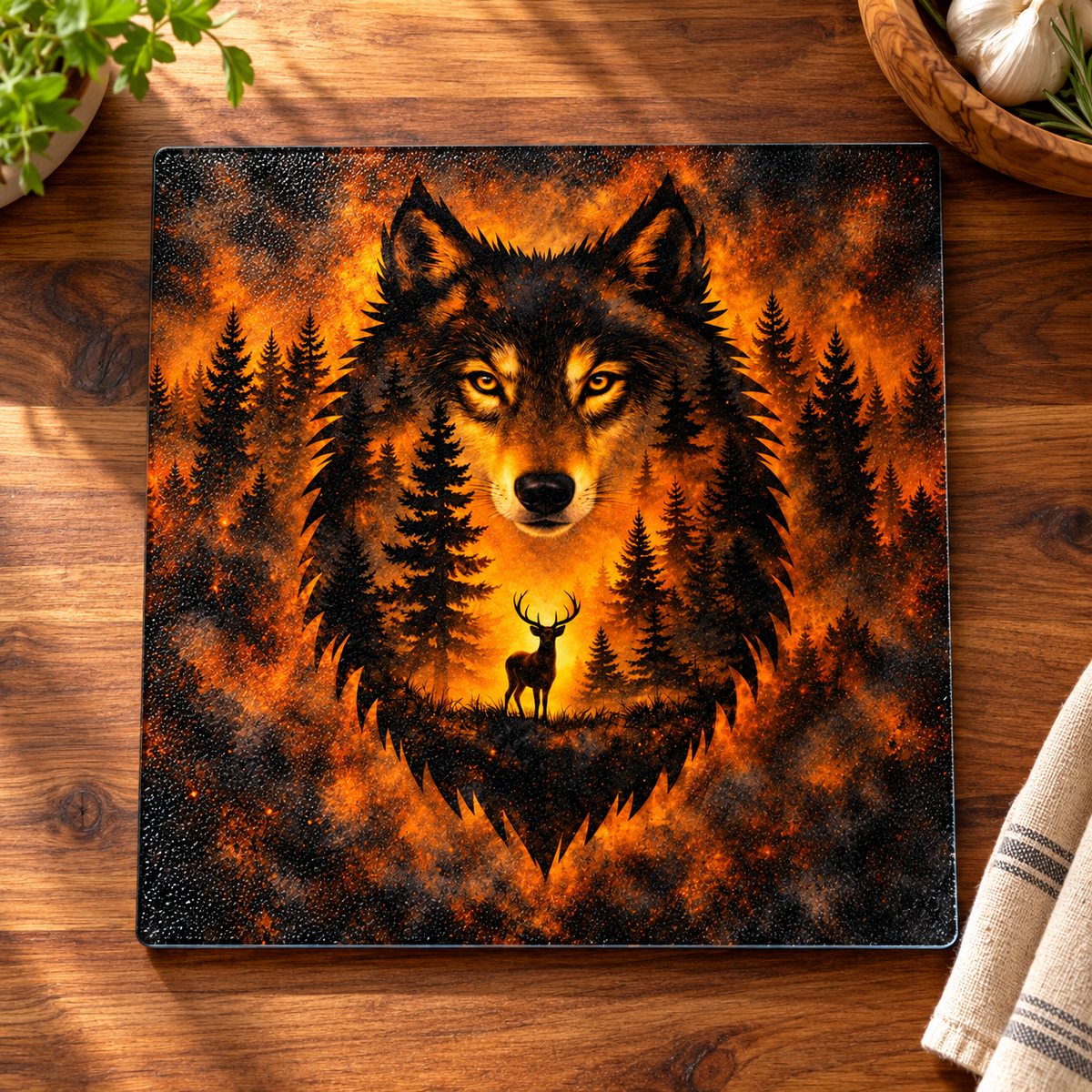 Amber Wilderness Wolf 9-Inch Square Glass Cutting Board