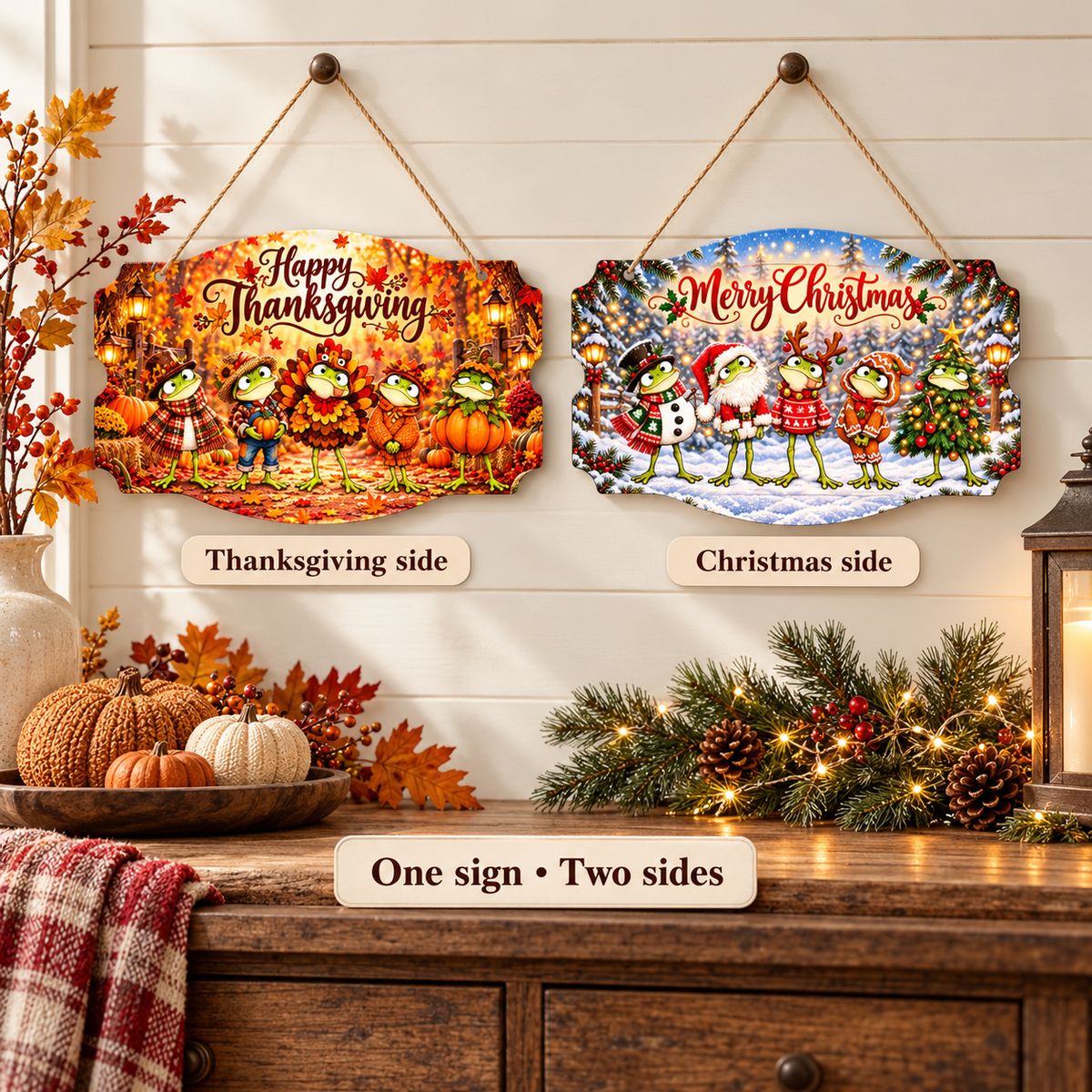 Hoppy Holidays Double-Sided Thanksgiving & Christmas Metal Sign