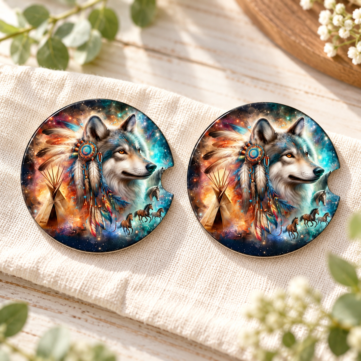 Wild Spirit Wolf Ceramic Car Coasters – Set of 2