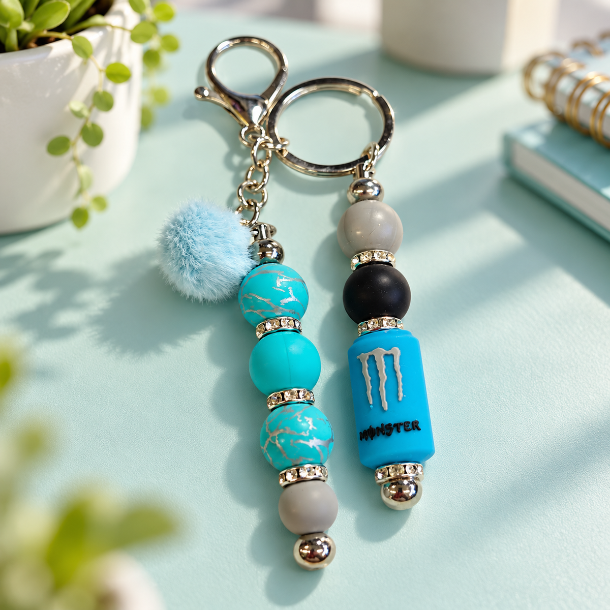 Blue Energy Drink Beaded Keychain with Pom Pom
