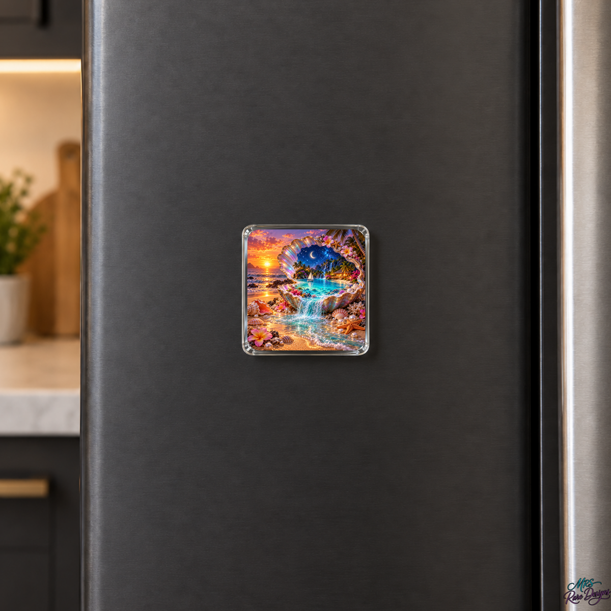 Moonlit Shell Escape — Tropical Paradise Glass Magnet