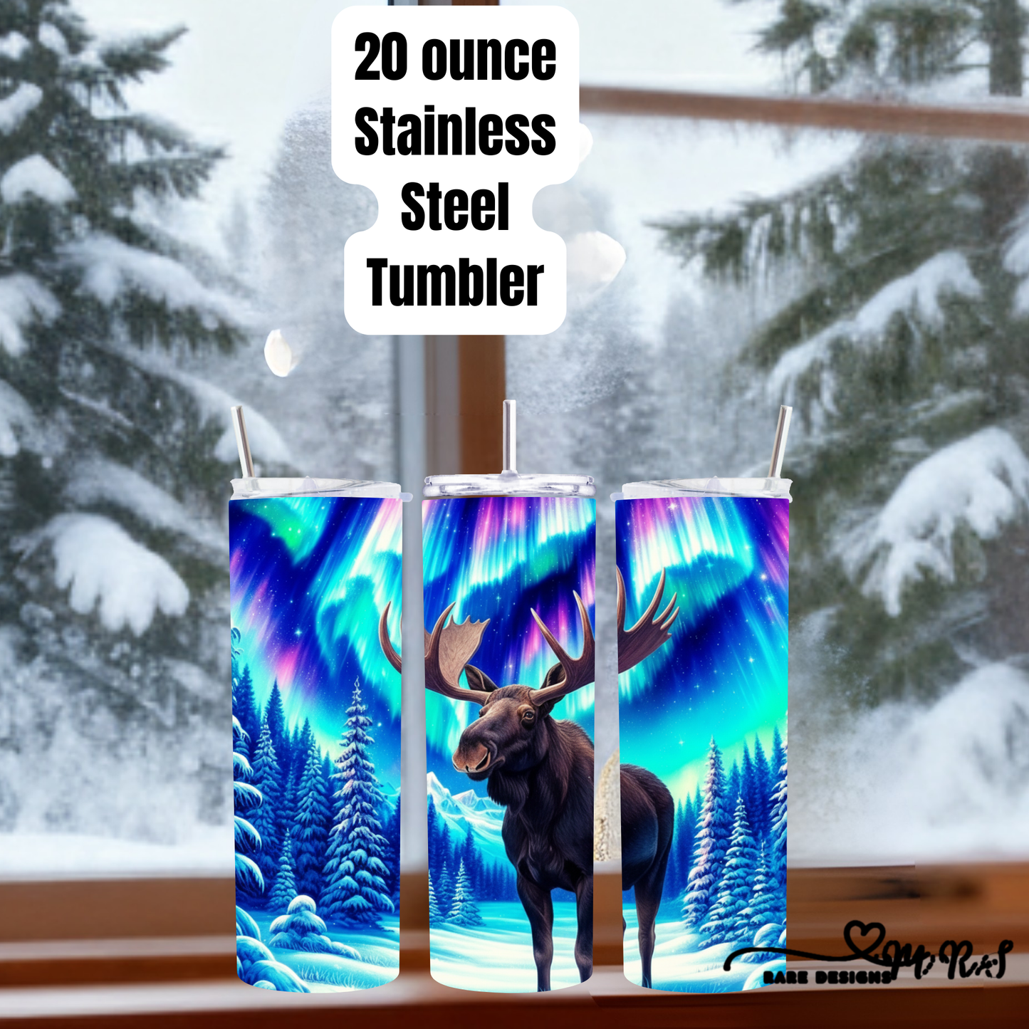 Northern Lights Moose 20oz Skinny Stainless Steel Tumbler with Straw