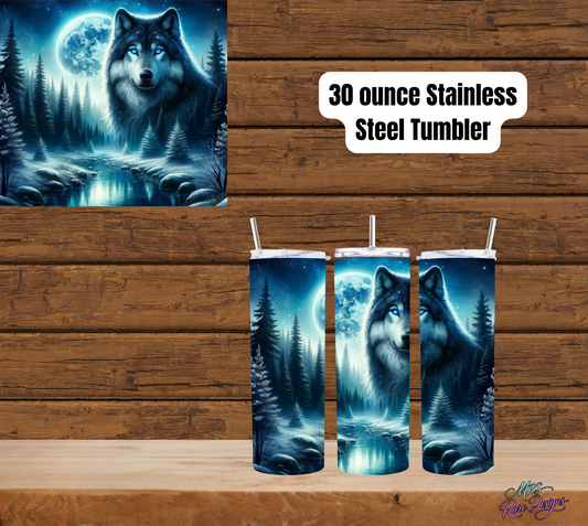 30 oz Blue-Eyed Wolf Stainless Steel Tumbler with Reusable Straw