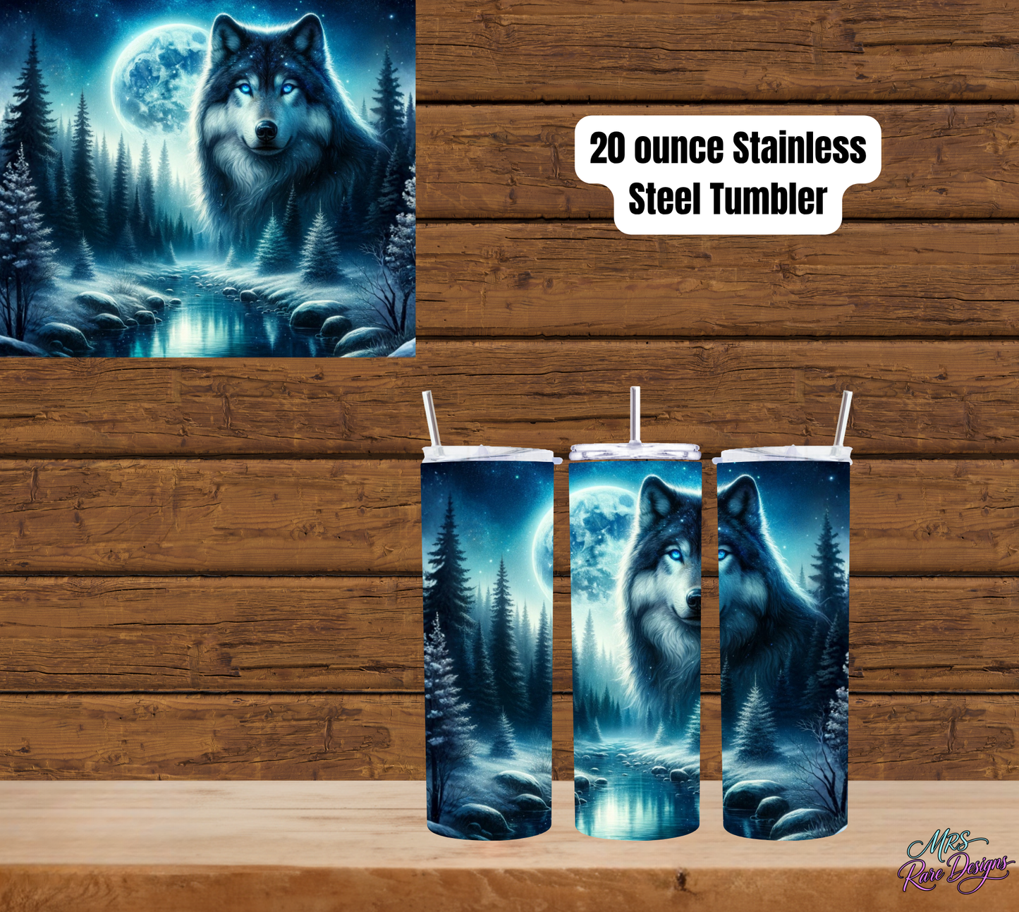 20 oz Blue-Eyed Wolf Stainless Steel Tumbler with Reusable Straw