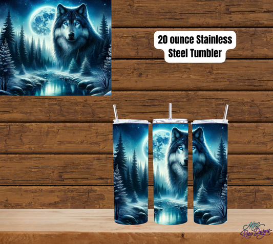 20 oz Blue-Eyed Wolf Stainless Steel Tumbler with Reusable Straw
