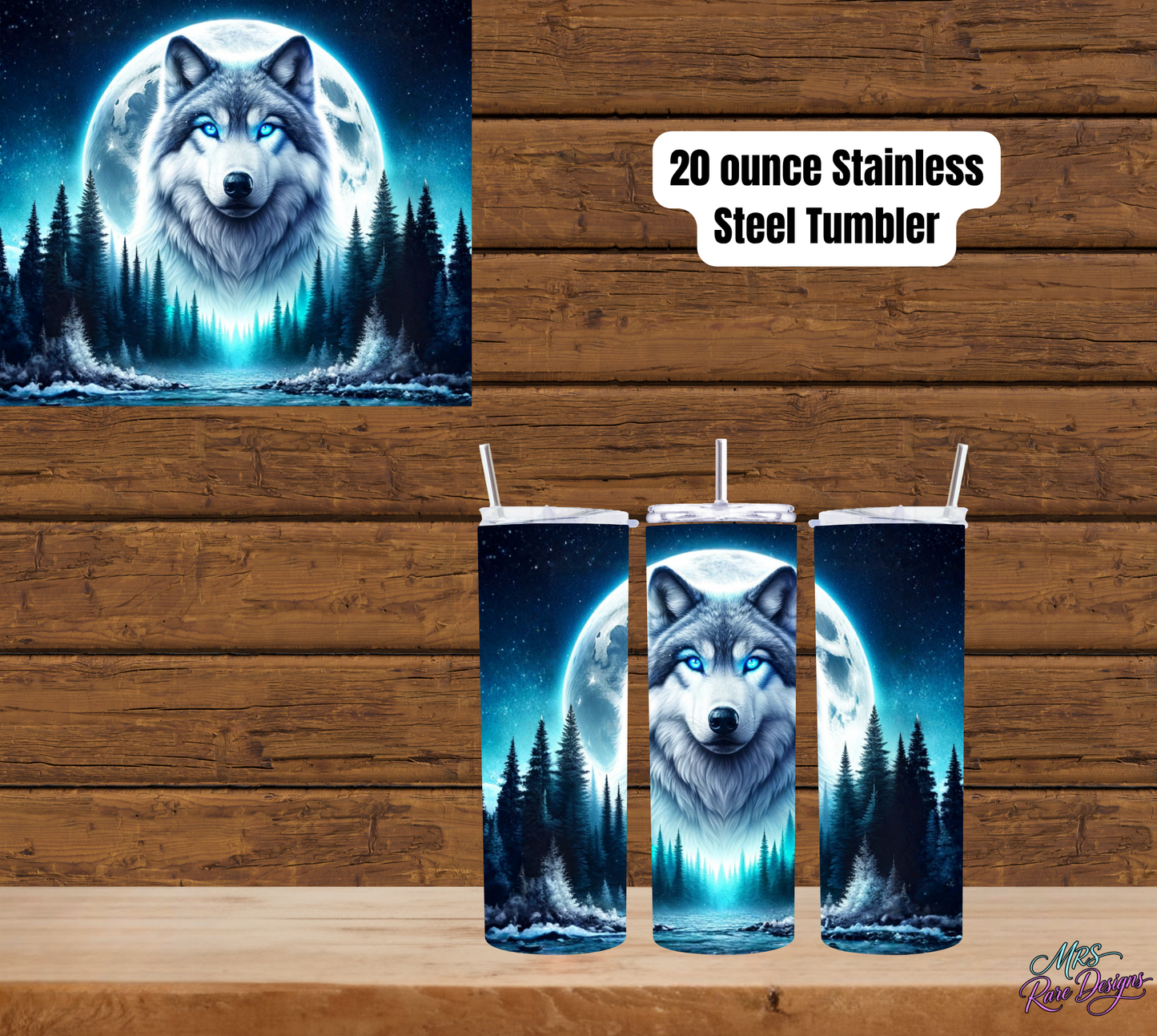 Midnight Sentinel: 20 oz Blue-Eyed Wolf Tumbler with Reusable Straw