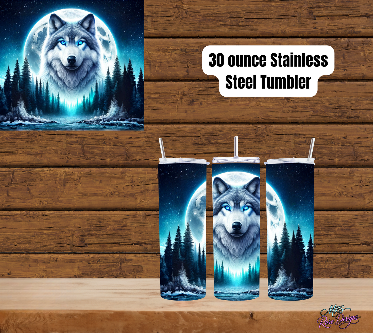 Midnight Sentinel: 30 oz Blue-Eyed Wolf Tumbler with Reusable Straw