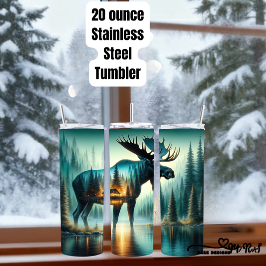 Rustic Moose Forest Cabin 20oz Stainless Steel Tumbler – Double-Wall Insulated Travel Cup