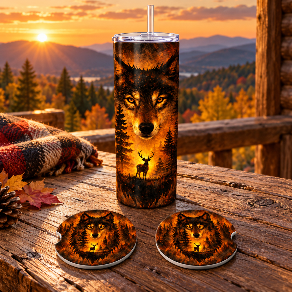 Amber Wilderness Wolf Tumbler & Car Coaster Gift Set