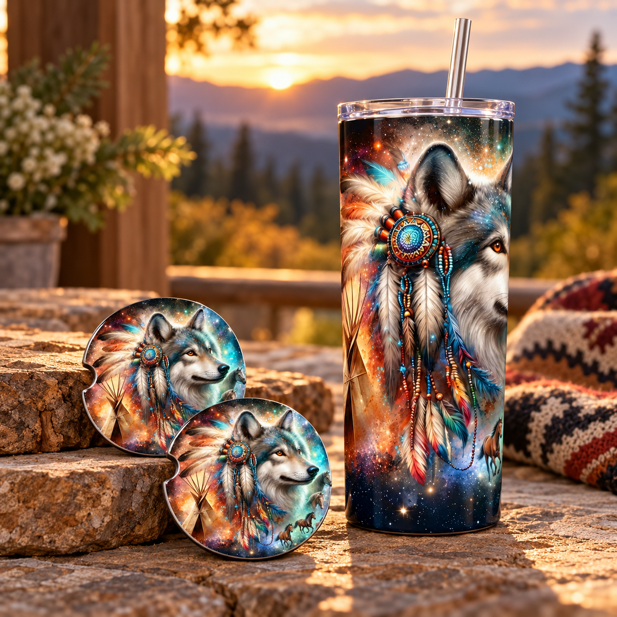Wild Spirit Wolf Tumbler & Ceramic Coaster Gift Set