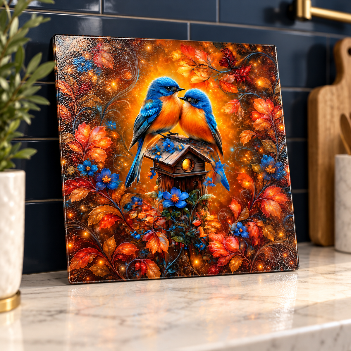 Amber Garden Bluebirds Square Glass Cutting Board – 9 Inch