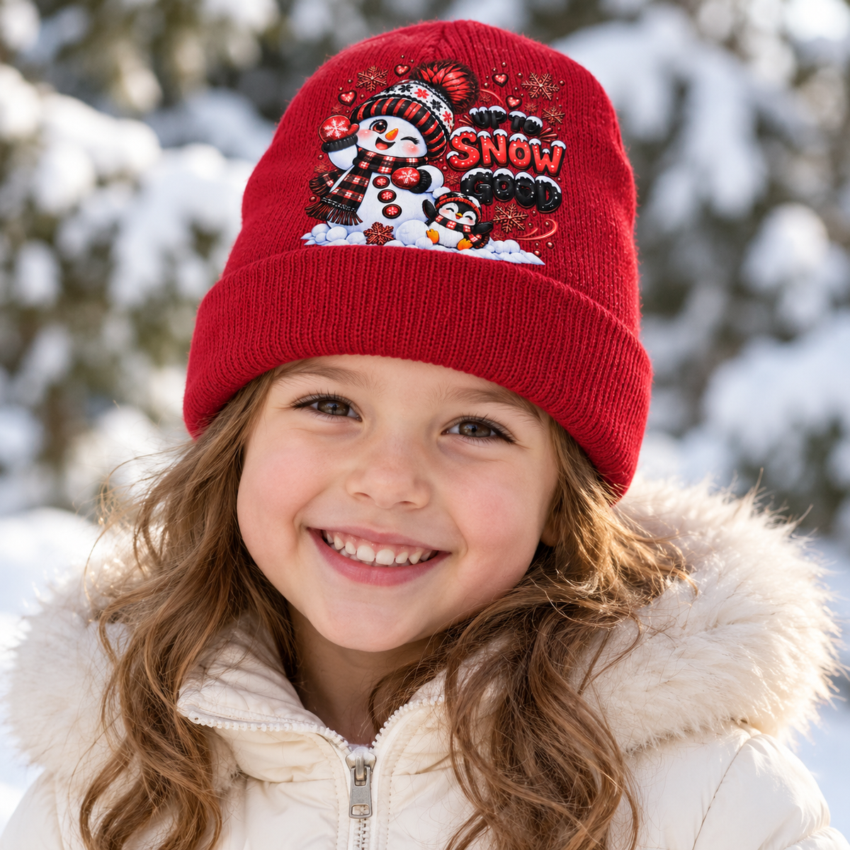 Up to Snow Good Red Kids’ Snowman & Penguin Beanie