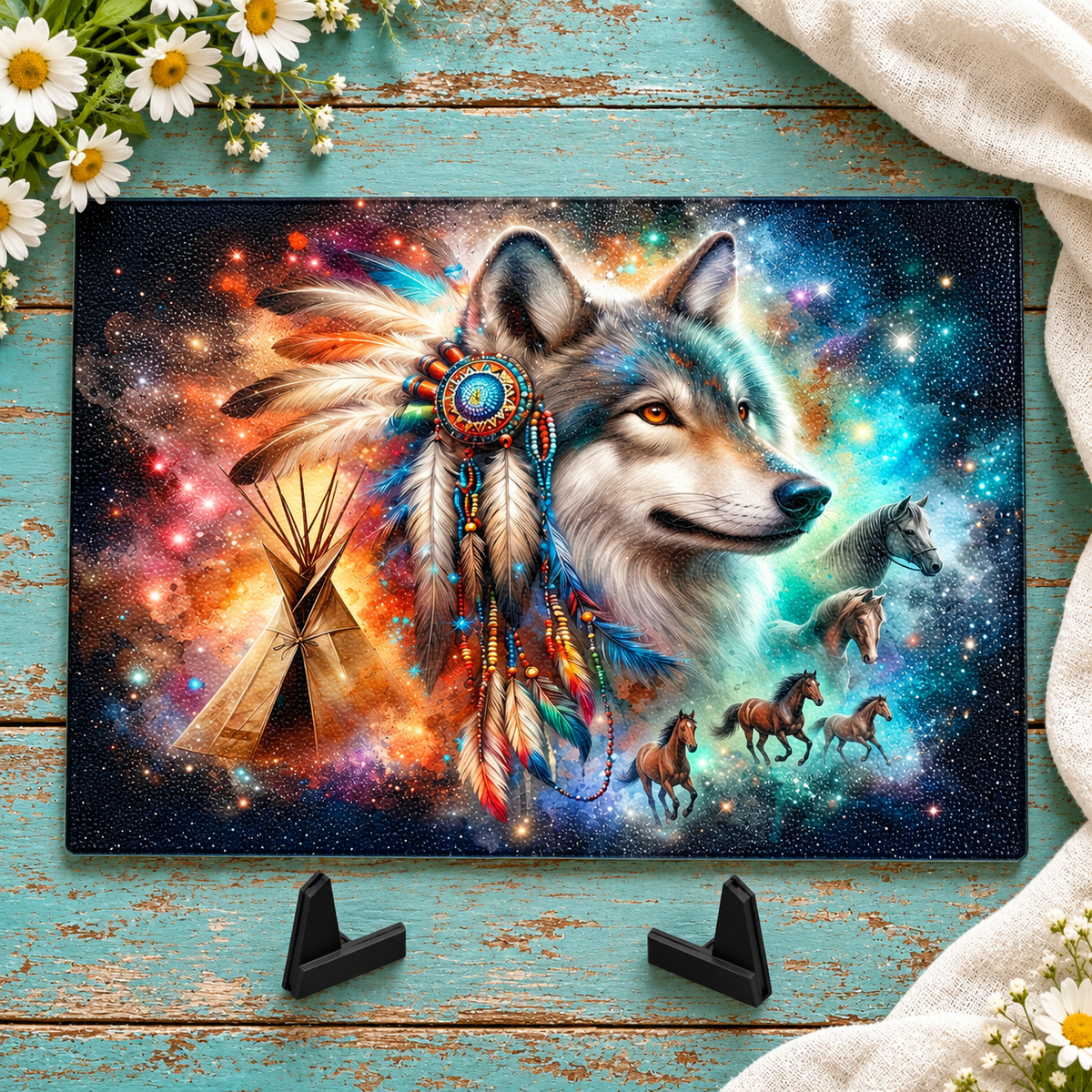 Wild Spirit Wolf 15 x 11-Inch Glass Cutting Board with Stands