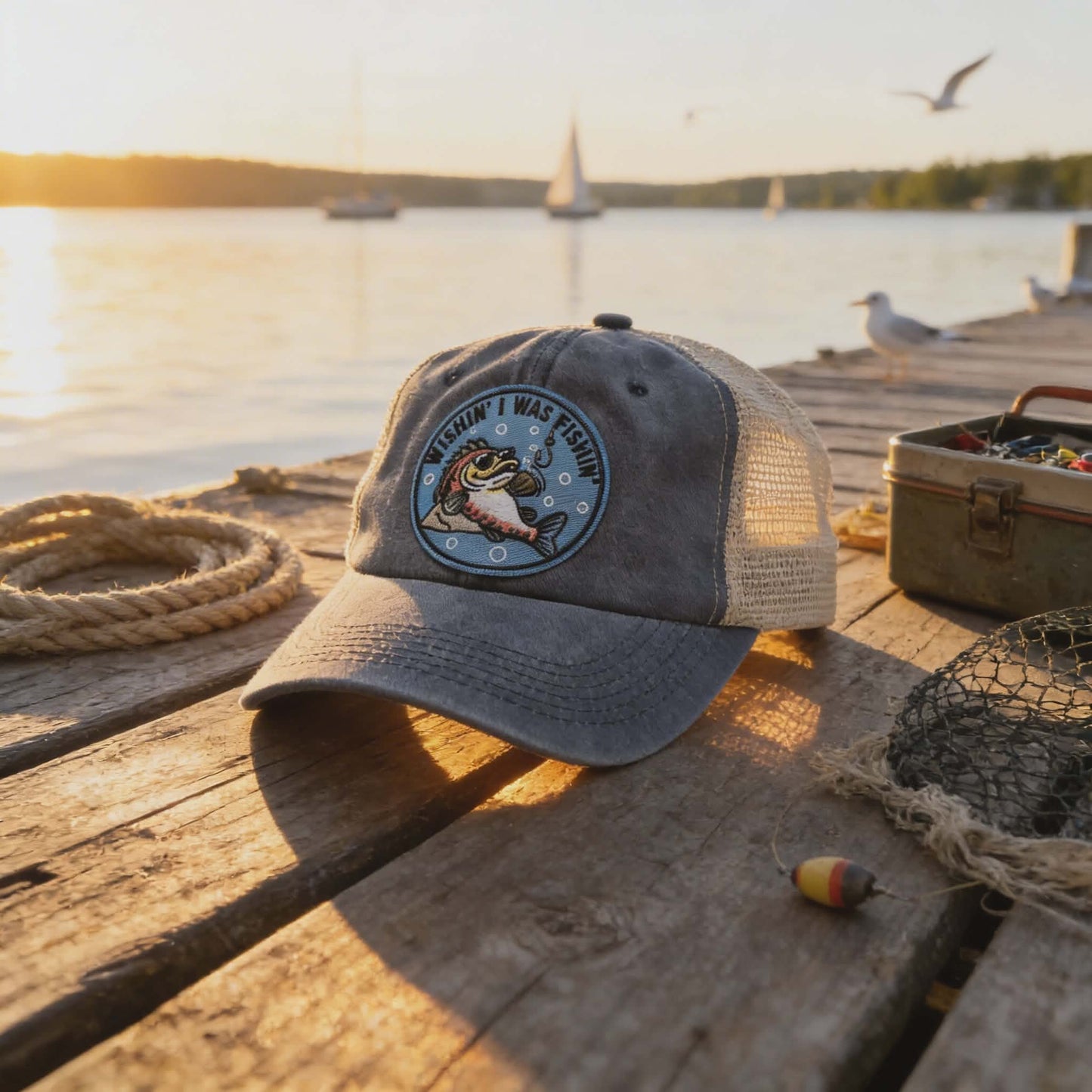 “Wishin’ I Was Fishin’” Vintage Blue Mesh Trucker Hat – Embroidered Fishing Cap