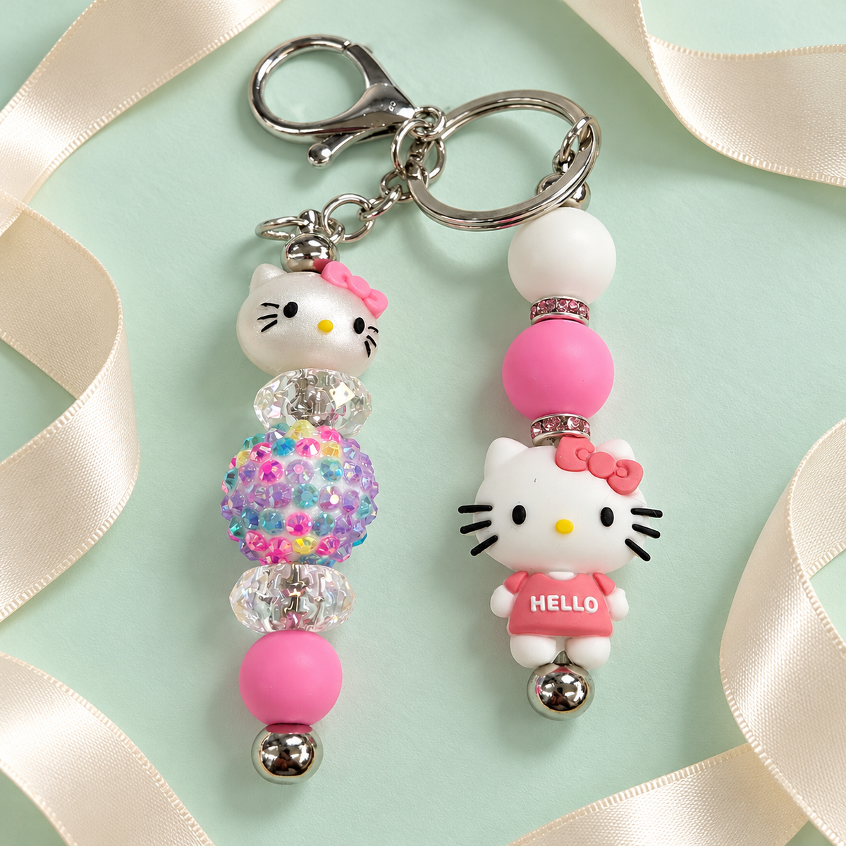 Pink Cat Beaded Keychain with Bow