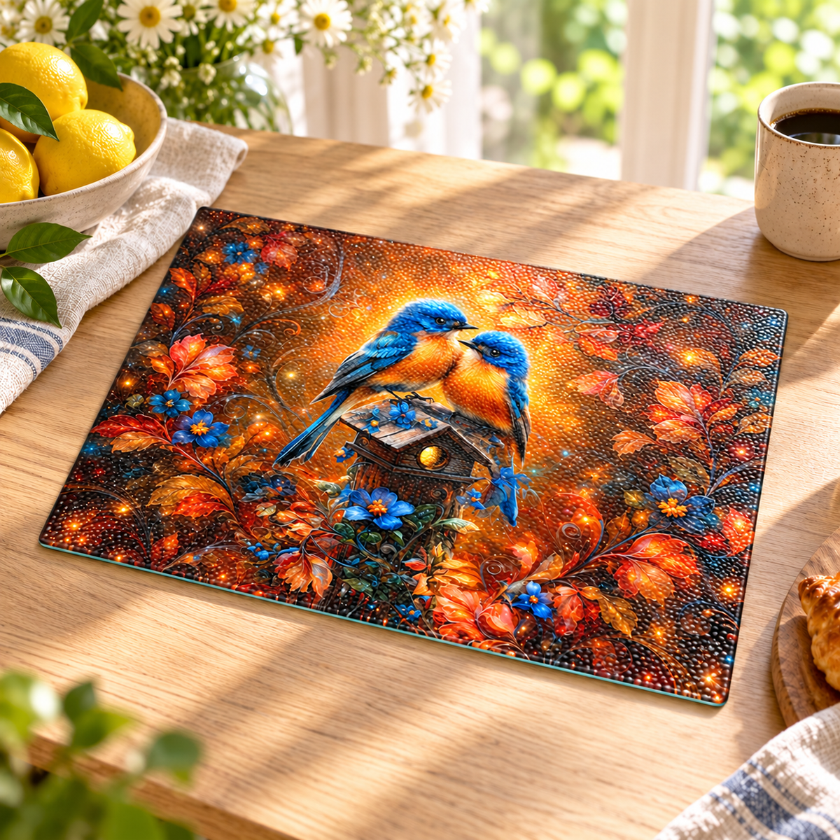 Amber Garden Bluebirds Glass Cutting Board – 11 x 7.87 Inch