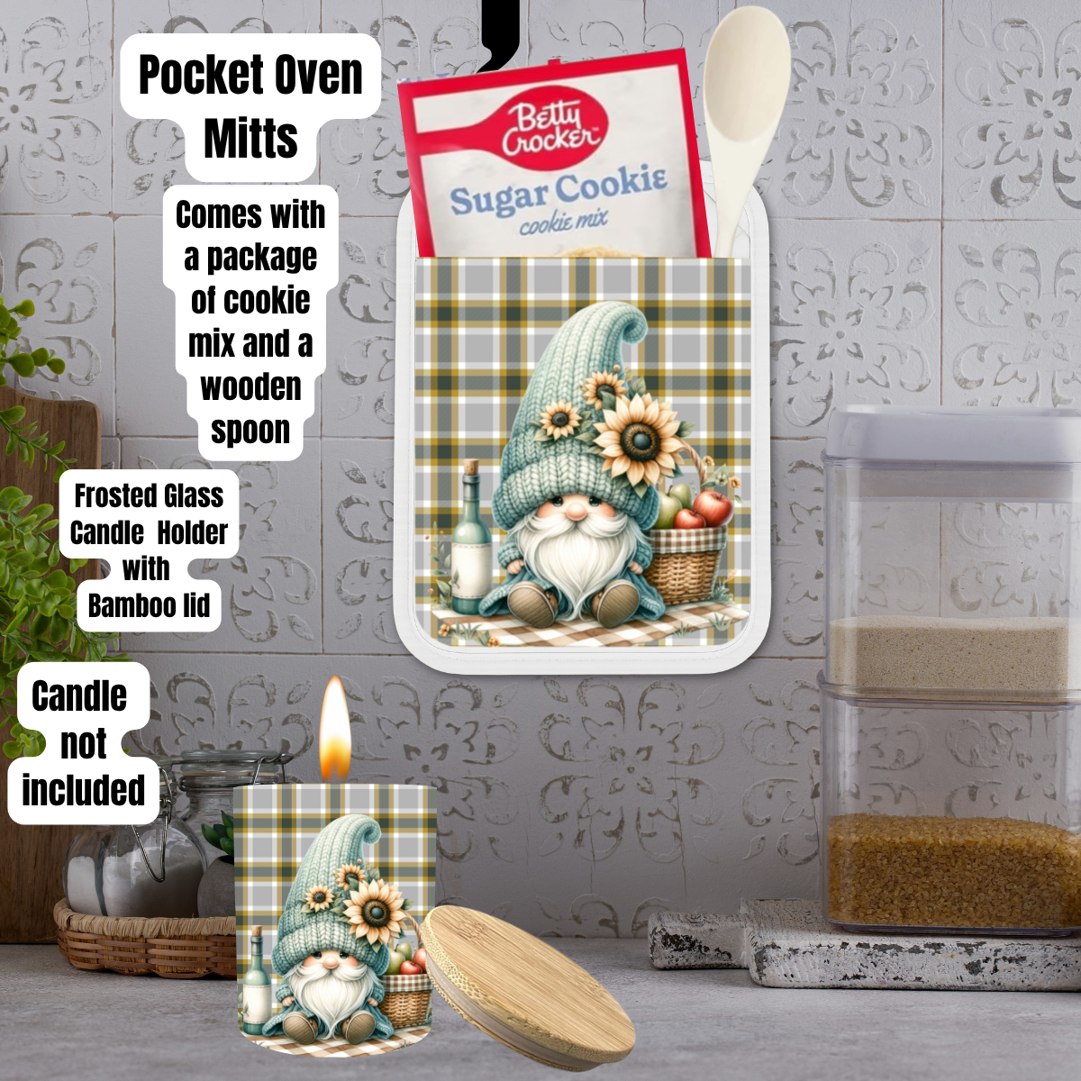 Sunflower Gnome Cottage Kitchen Baking & Candle Gift Set (Individual or Full Bundle)