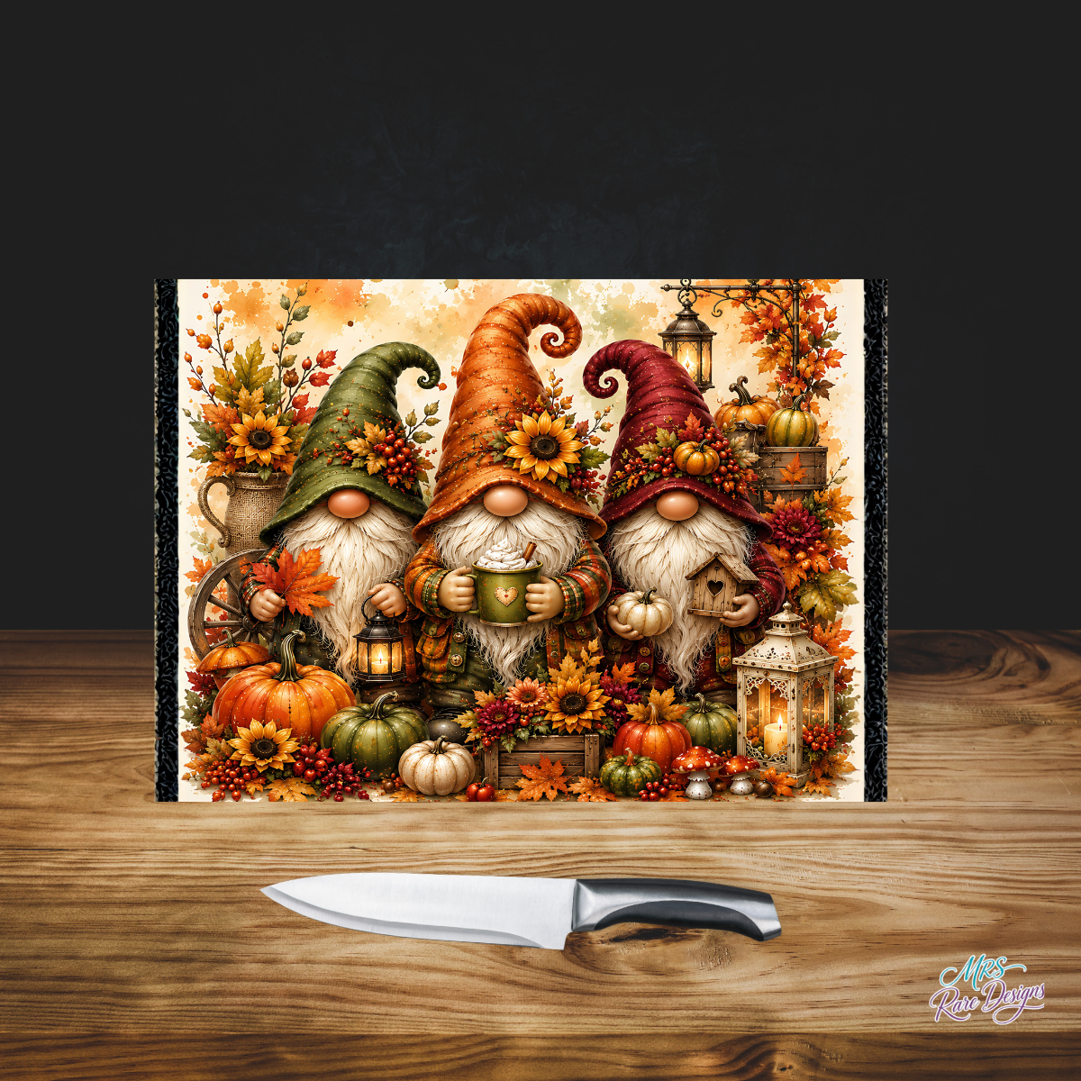 Autumn Gnomes Harvest Glass Cutting Board