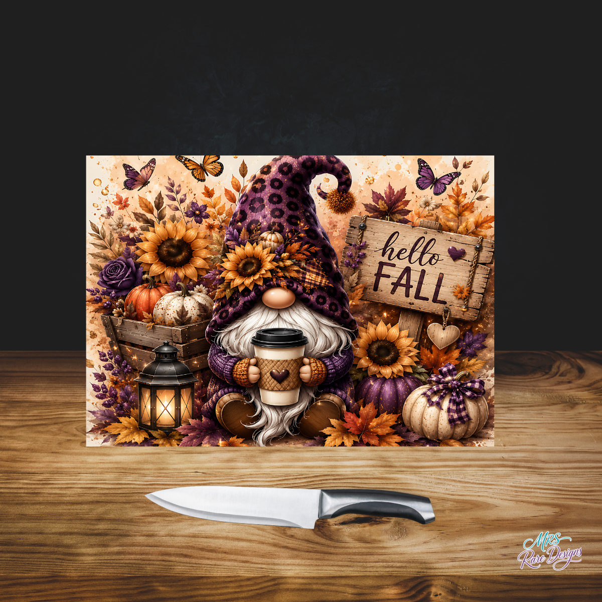 Purple Leopard Print Gnome "Hello Fall" Glass Cutting Board
