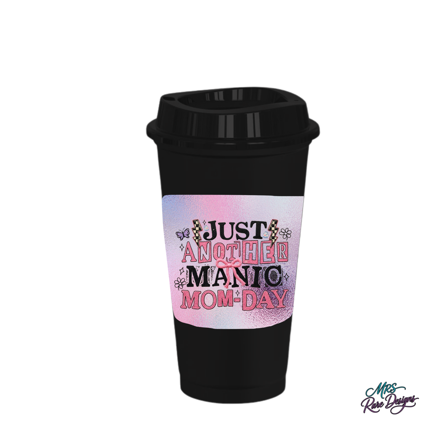 Just Another Manic Mom-Day Pink Bow Design 16oz Reusable Travel Mug with Lid & Decorative Sleeve