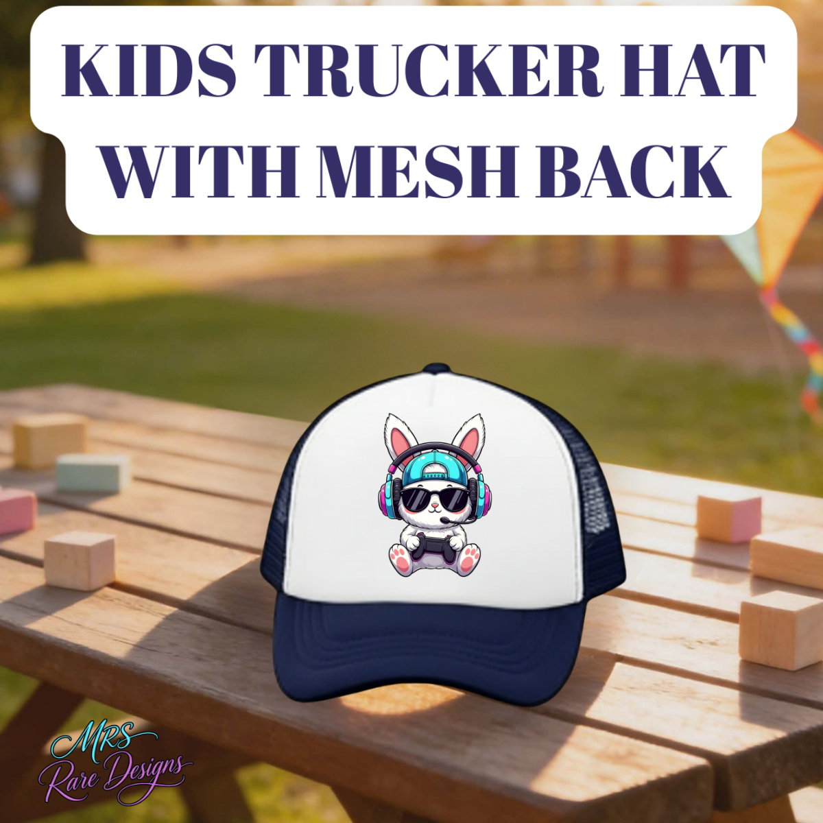 Cool Bunny Gamer Kids Trucker Hat – Mesh Snapback Cap (Multiple Colors)