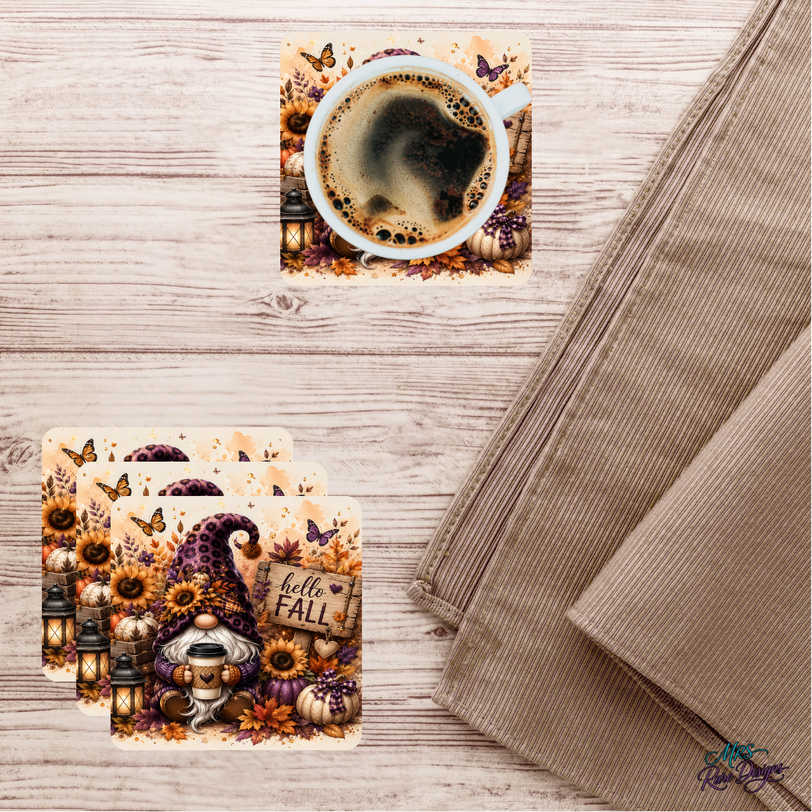 Purple Leopard Print "Hello Fall" Glass Coaster Set (Set of 4)