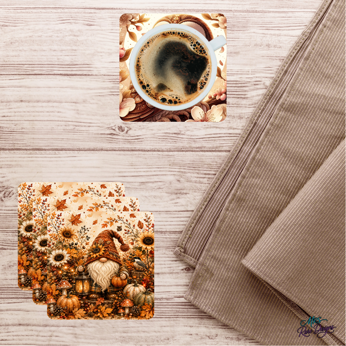 Golden Autumn Sunflower Gnome Glass Coaster Set (Set of 4)