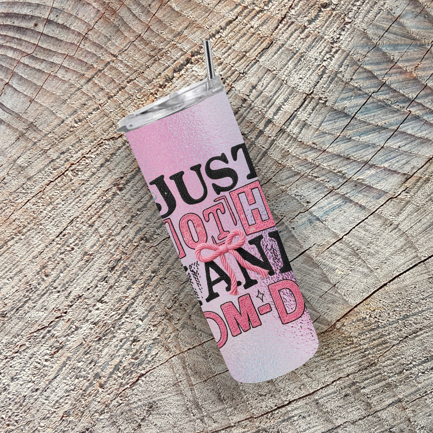 Just Another Manic Mom-Day 20oz Stainless Steel Skinny Tumbler with Lid & Straw – Pink Bow Design