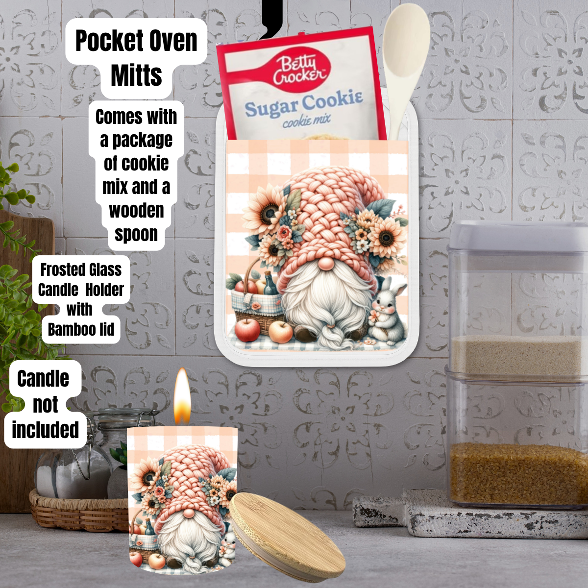 Peach Gingham Gnome Cottage Kitchen Baking & Candle Gift Set (Individual or Full Bundle)