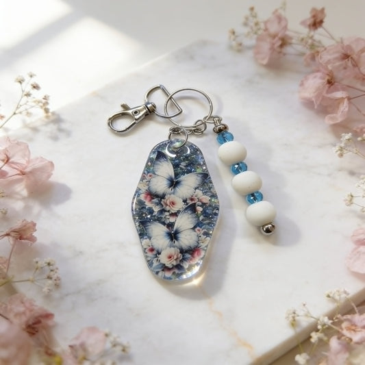 Blue Wing Garden Butterfly & Floral Beaded Keychain