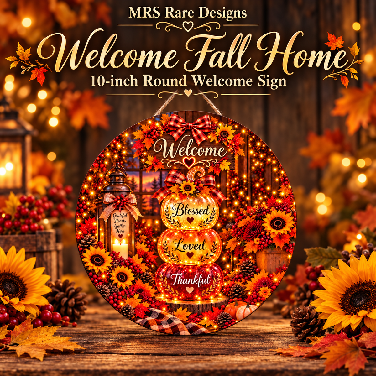 Blessed & Thankful Pumpkin Stack Round Welcome Sign