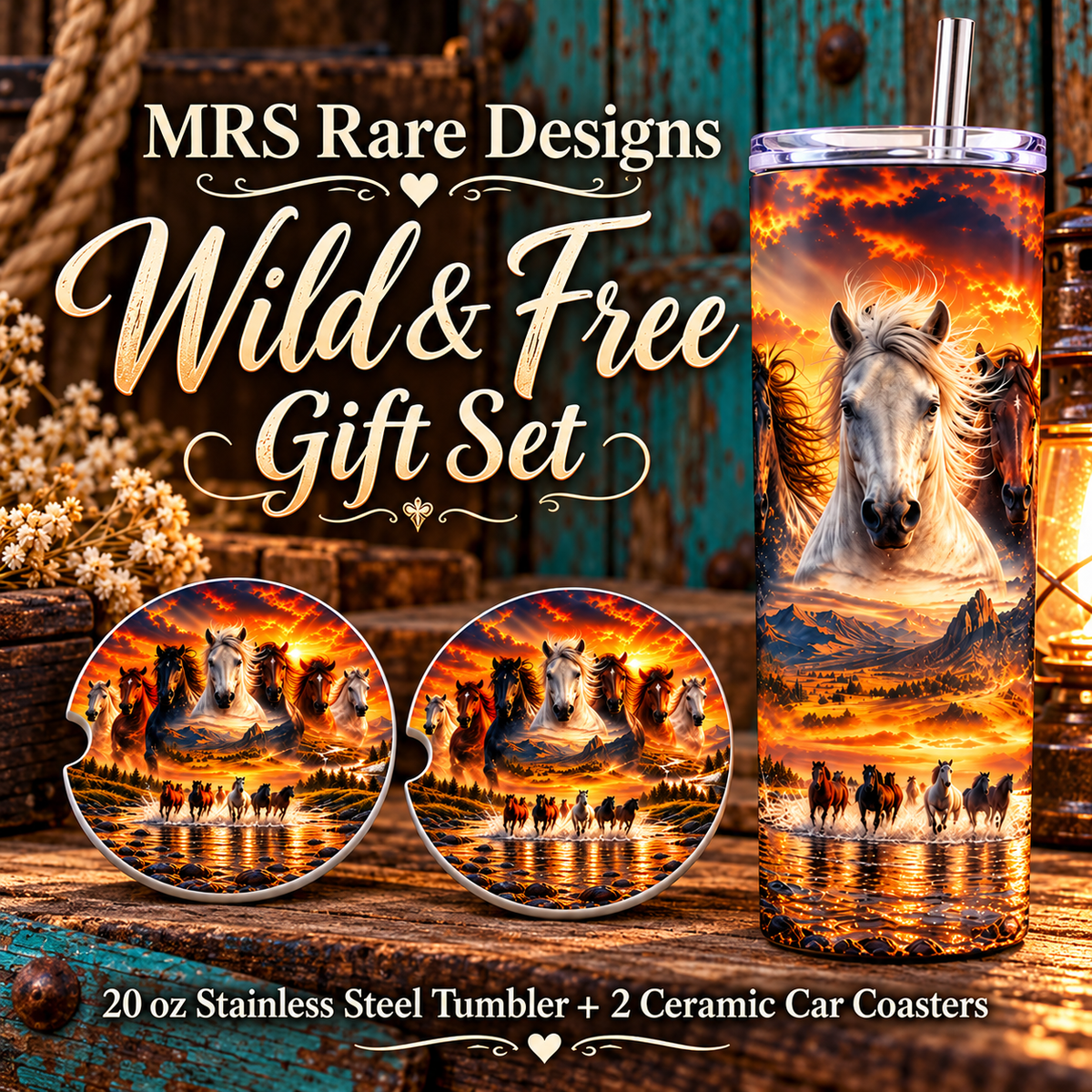 Wild & Free Gift Set (20 oz Stainless Steel Tumbler + 2 Ceramic Car Coasters)