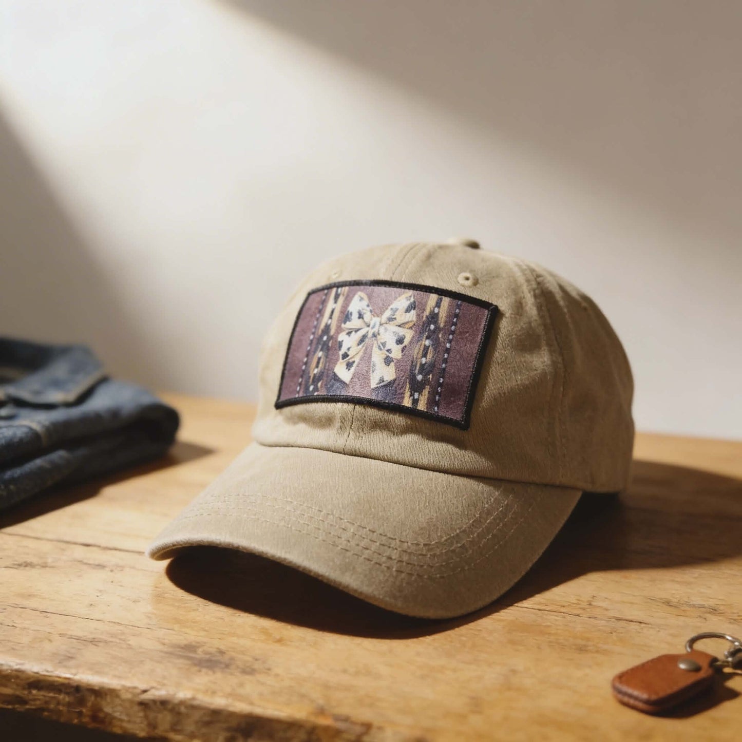 Western Bow Patch Khaki Dad Hat – 100% Fabric Adjustable Cap