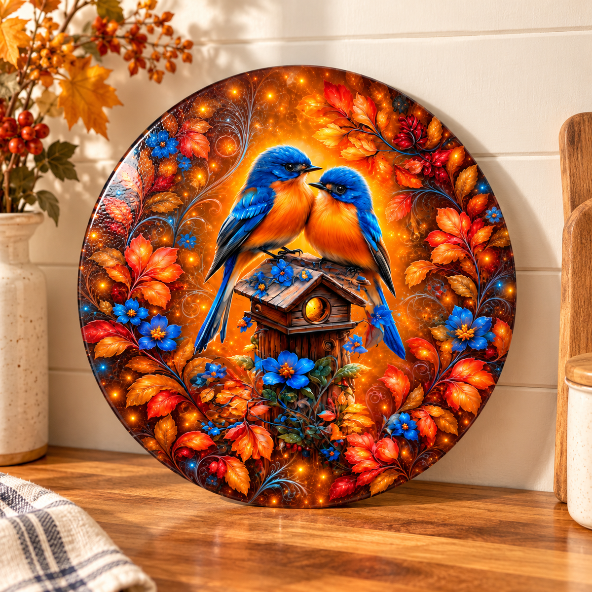 Amber Garden Bluebirds Round Glass Cutting Board – 9 Inch