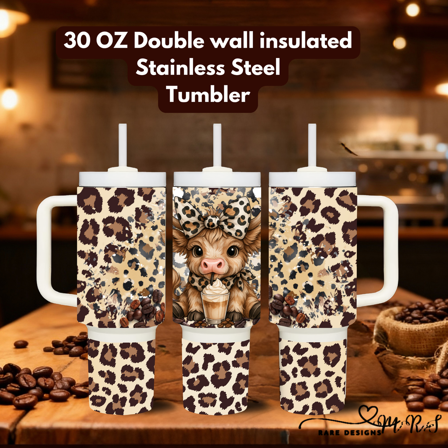 Highland Cow Coffee Lover 30oz Handled Stainless Steel Tumblers