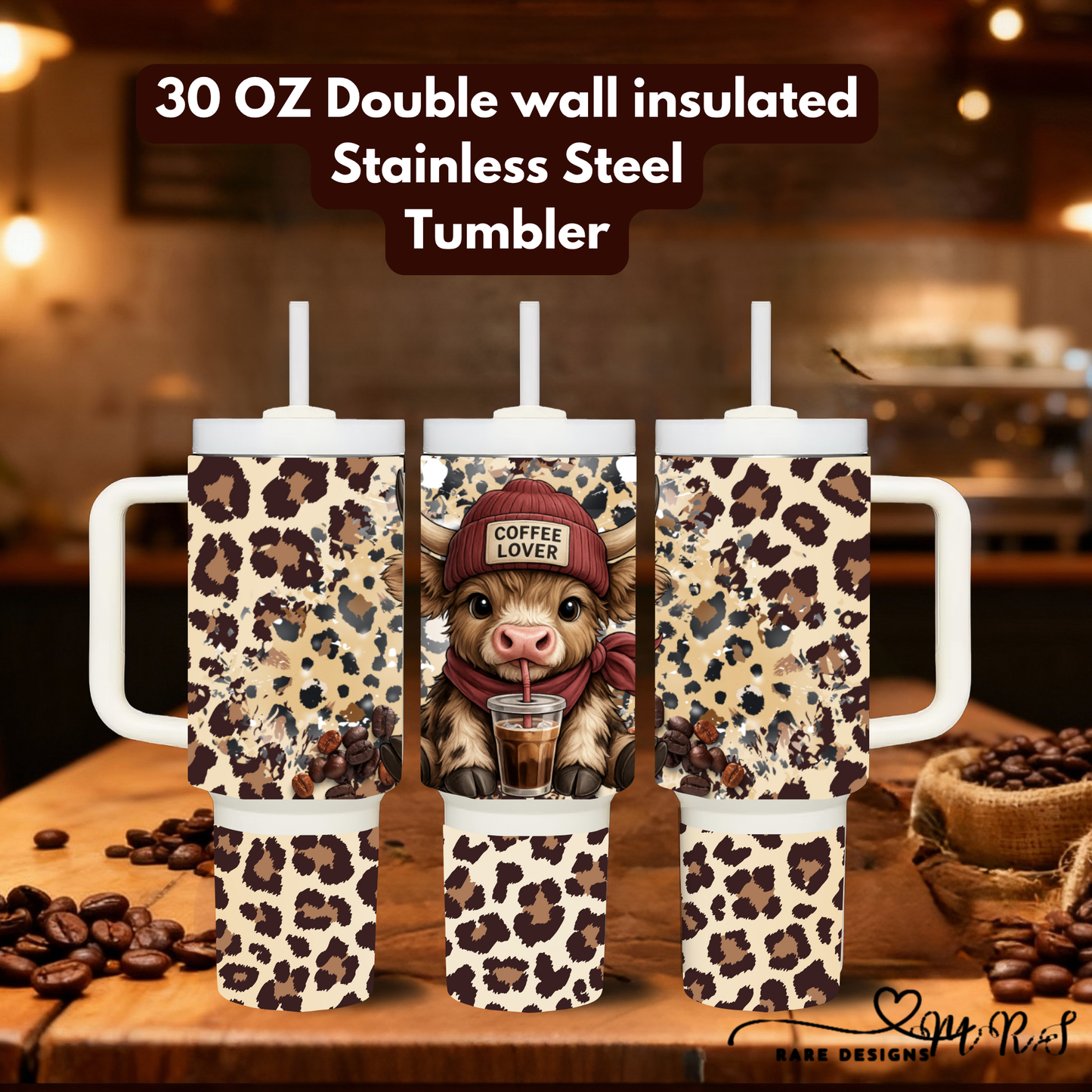 Highland Cow Coffee Lover 30oz Handled Stainless Steel Tumblers