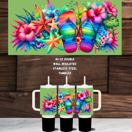 🌺 "Island Vibes Trio" 40 oz Tumbler Set – Rainbow Flip Flops & Tropical Blooms