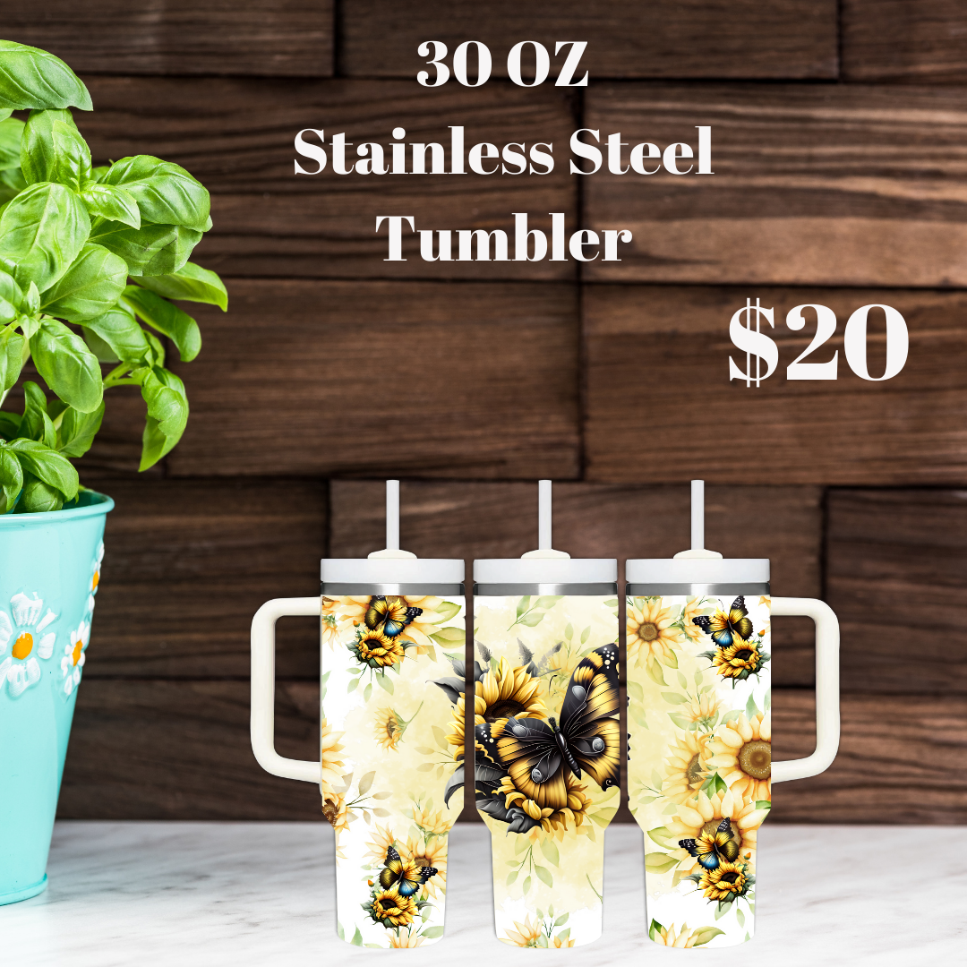 30oz Stainless Steel Tumbler with Sunflower and Butterfly Designs