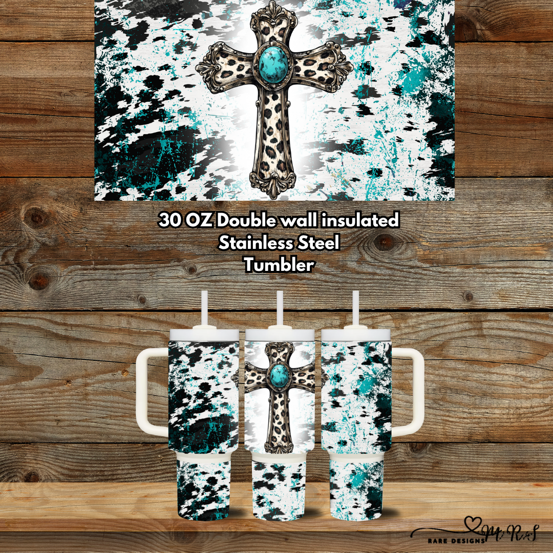 Turquoise Cross Cowhide Splash — 30oz Handled Stainless Steel Tumbler Collection