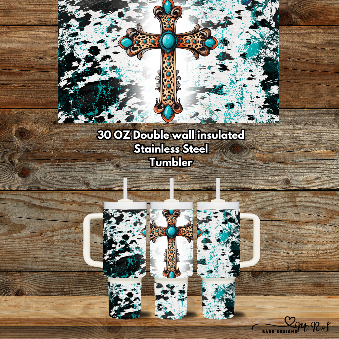Turquoise Cross Cowhide Splash — 30oz Handled Stainless Steel Tumbler Collection