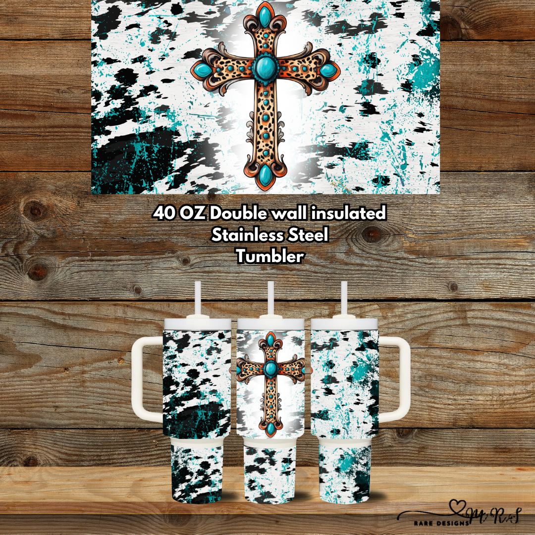 Turquoise Faith Cross 40oz Handle Tumbler Collection – Western Sunflower & Teal Splatter