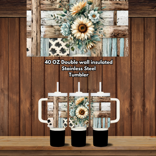 Rustic Sunflower Patchwork 40oz Handled Stainless Tumbler — Double-Wall, Lid + Straw