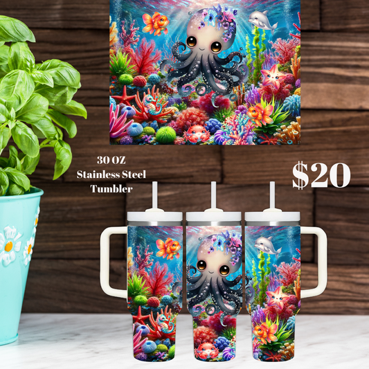 Cute Octopus Stainless Steel Tumblers with Handle - 30oz