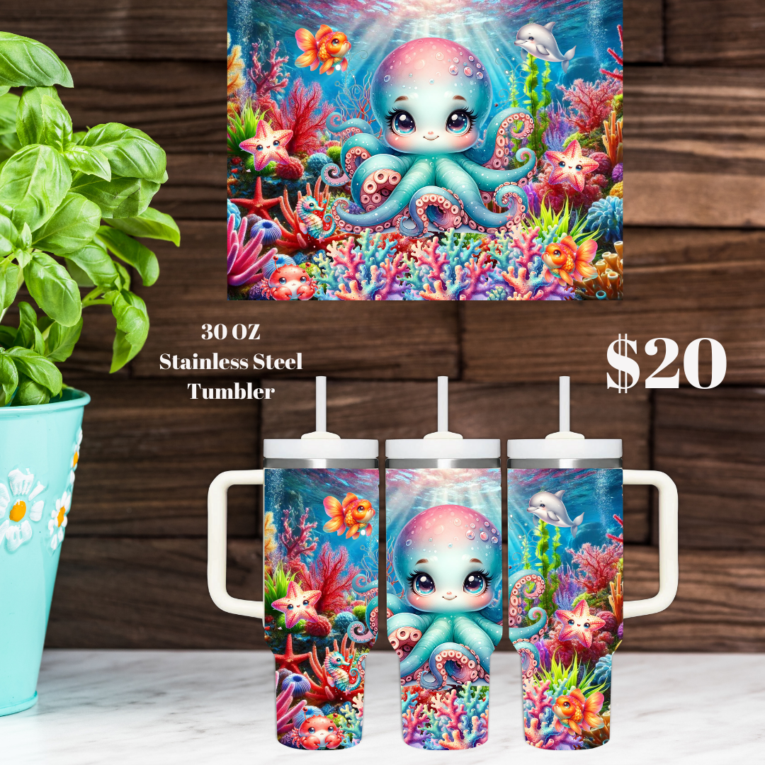 Cute Octopus Stainless Steel Tumblers with Handle - 30oz